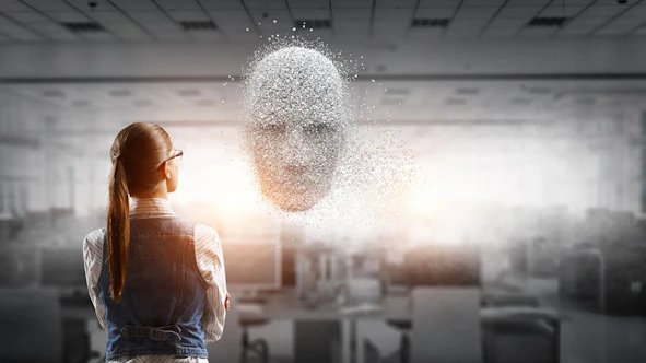 Eine Frau schaut ein mit KI generiertes Gesicht in einer virtuellen Landschaft an