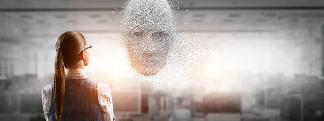 Eine Frau schaut ein mit KI generiertes Gesicht in einer virtuellen Landschaft an