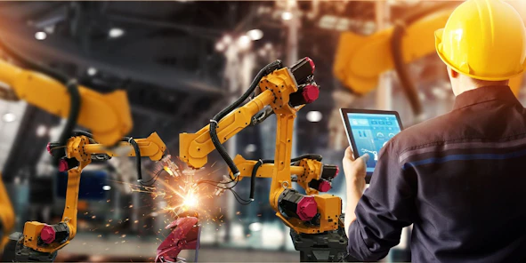 Ein Werksarbeiter hält ein Tablet in einer modernen Fabrik mit Robotern