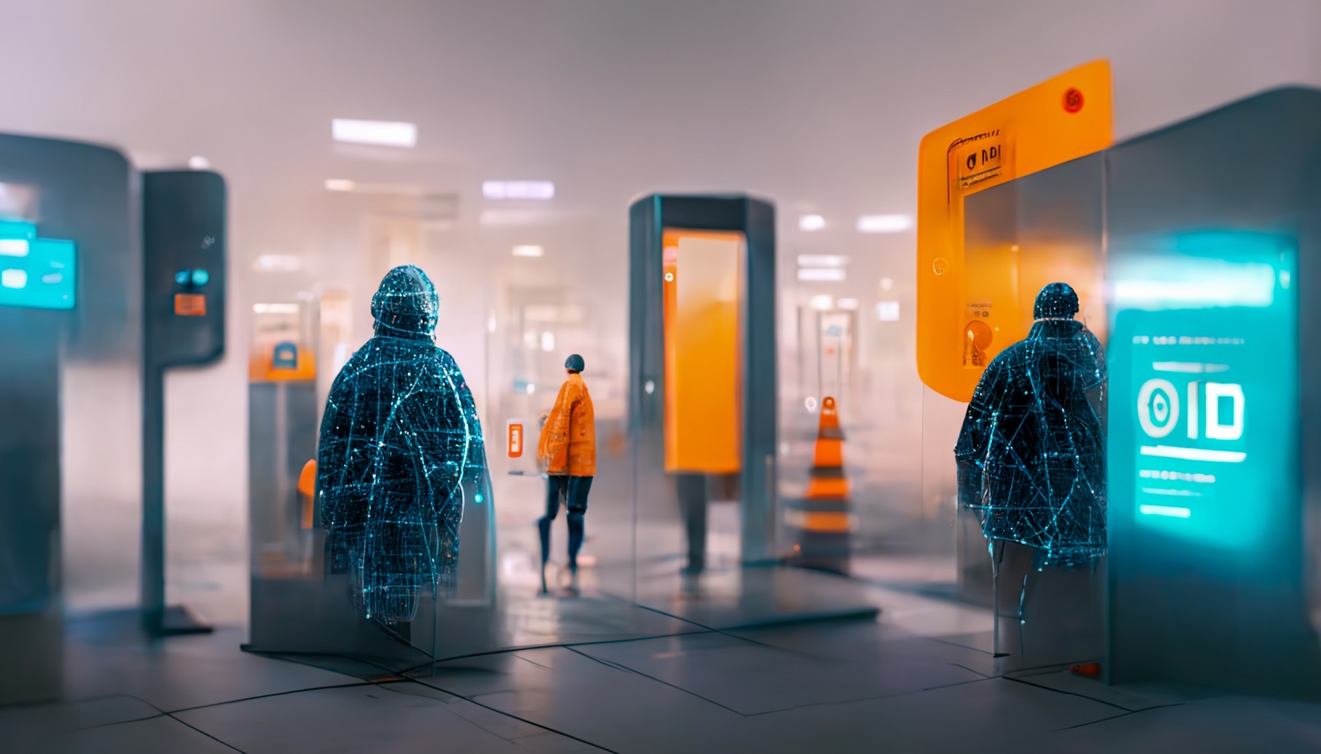 Nicht identifizierbare Personen bewegen sich in einer futuristischen IT-Landschaft