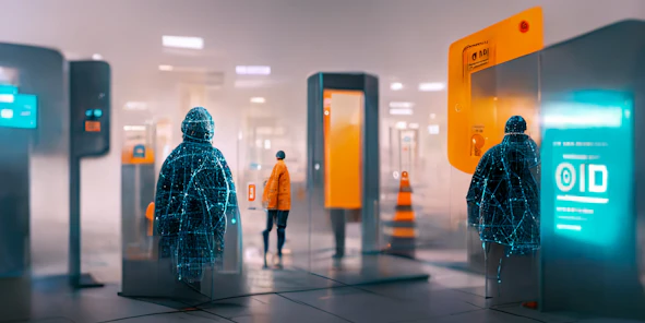 Nicht identifizierbare Personen bewegen sich in einer futuristischen IT-Landschaft
