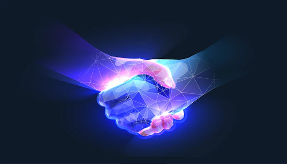 Zwei virtuelle Hände geben sich die Hand