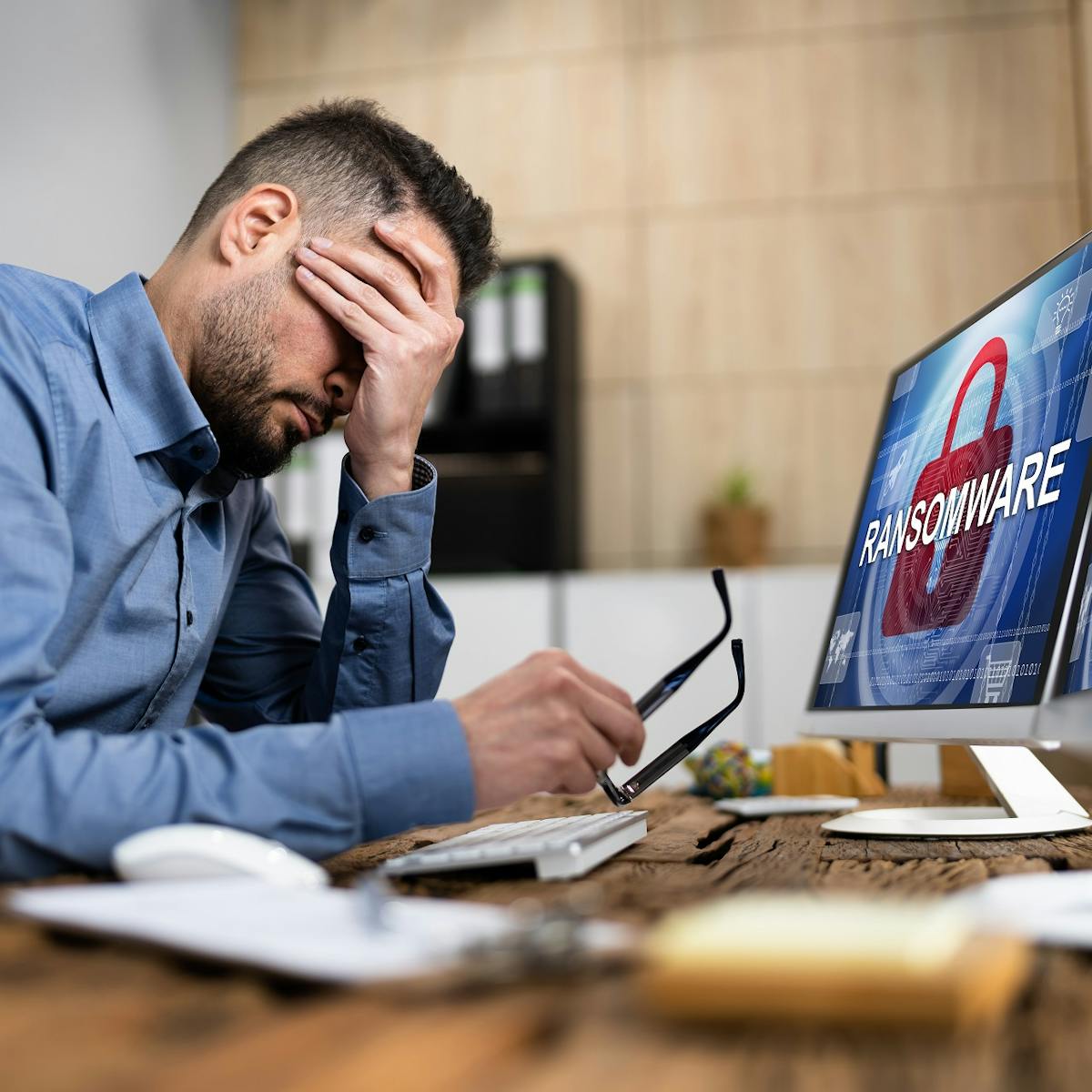 Ein Mann sitzt bestürzt vor seinem PC, weil er von einer Ransomware-Attacke betroffen ist.