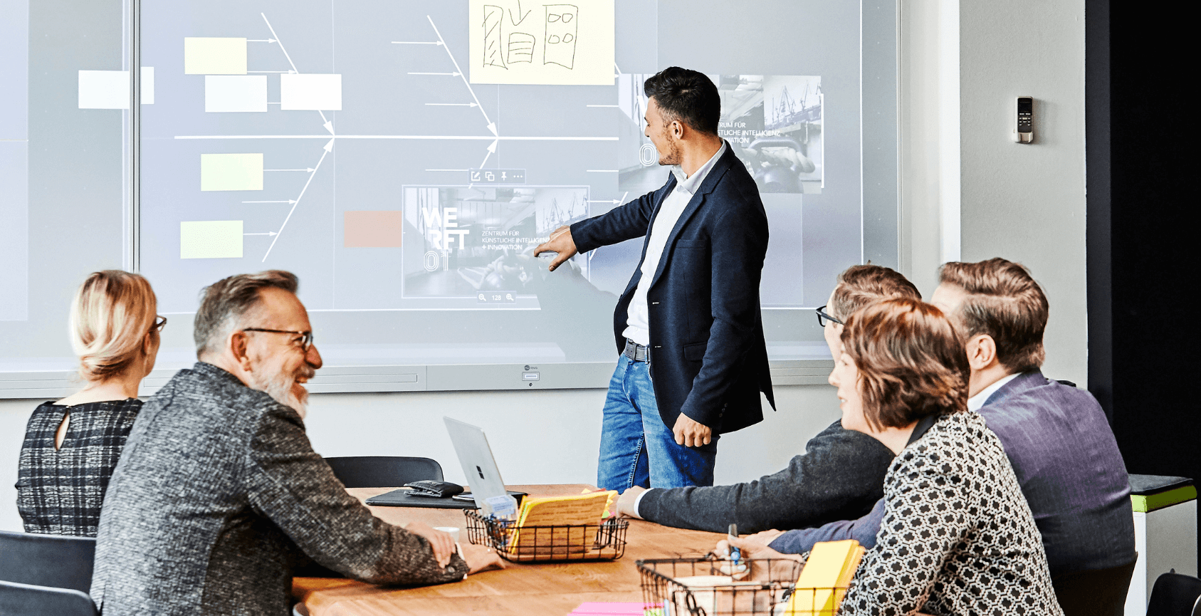 Personen am Bürotisch und eine präsentierende Person 