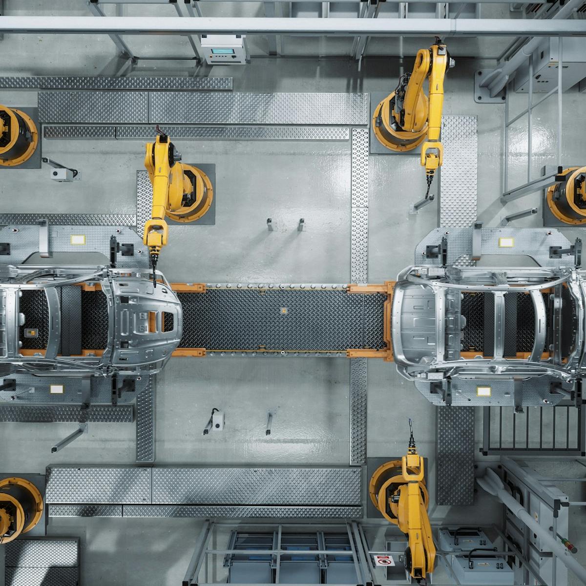 Eine Roboter-Montagelinie in der Automobilindustrie