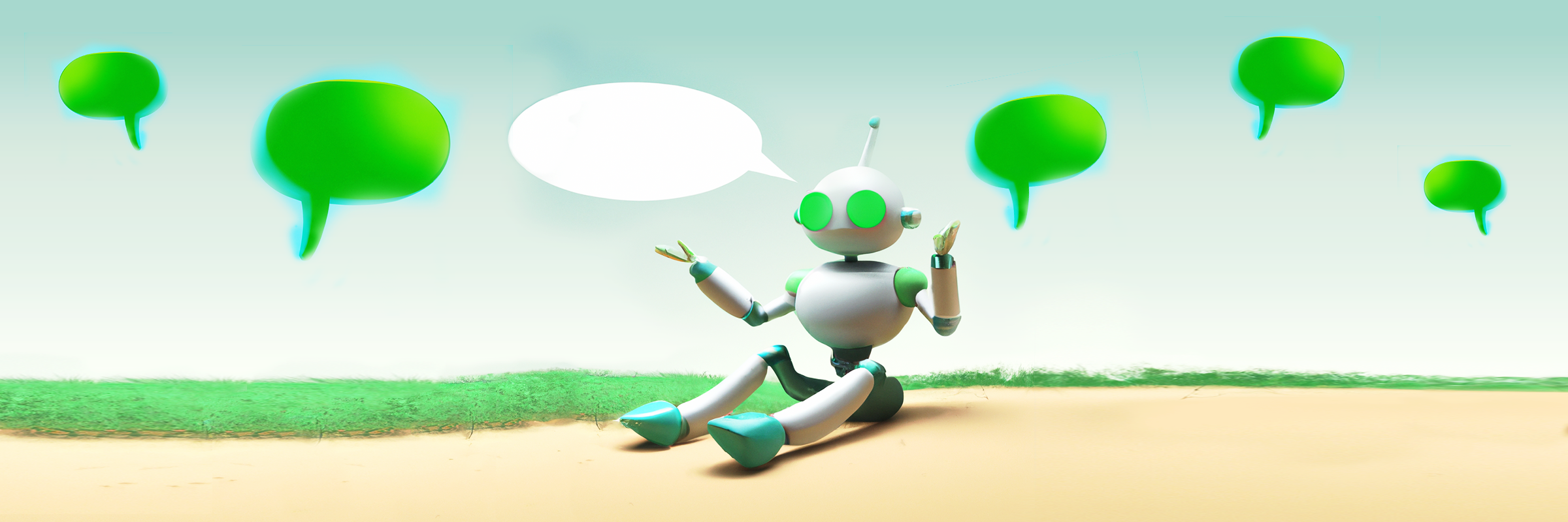 Ein Roboter sitzt auf Sand, dahinter eine grüne Wiese