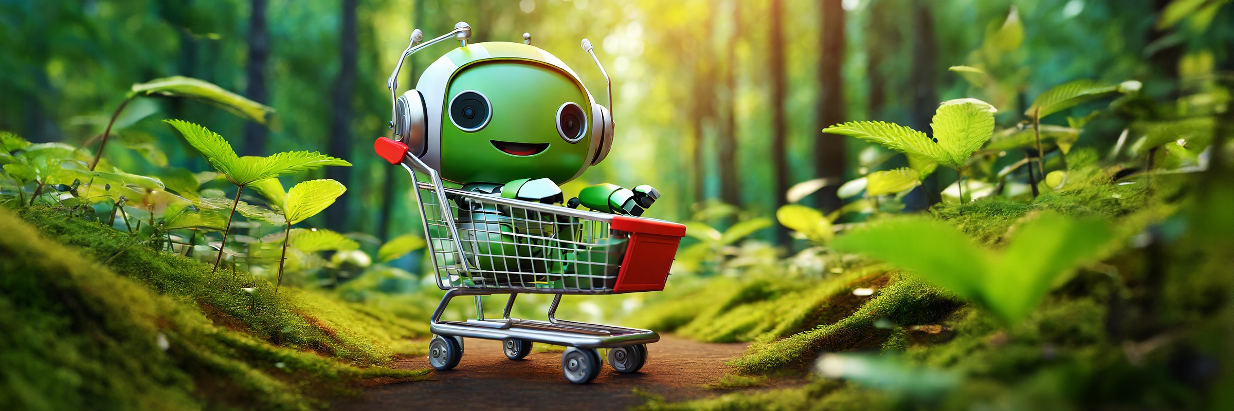 Ein kleiner Roboter sitzt in einem Einkaufswagen und fährt durch den Wald