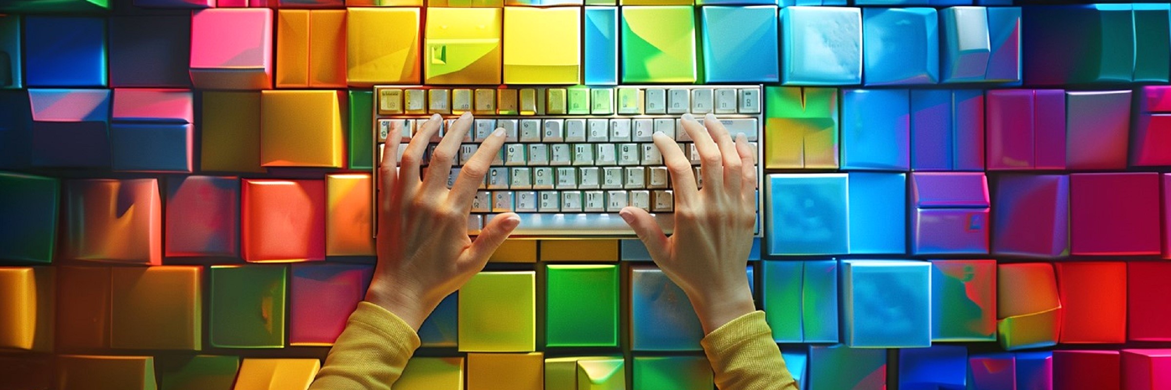 Zwei Hände liegen auf einer weißen Tastatur über vielen bunten Blöcken.