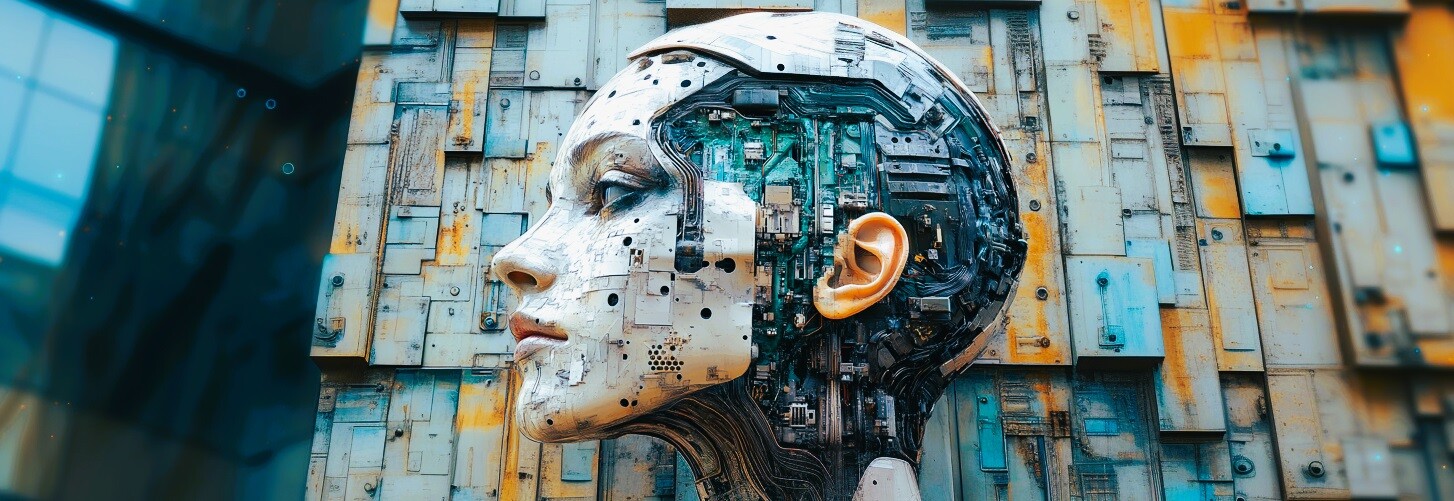 Seitliche Aufnahme eines weiblichen halboffenen Roboterkopfes.