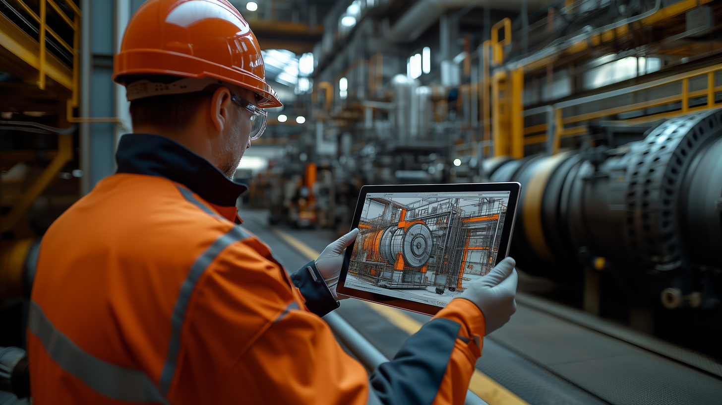 Servicetechniker sieht auf Tablet eine 3-D Maschinenansicht zur Ersatzteilidentifikation